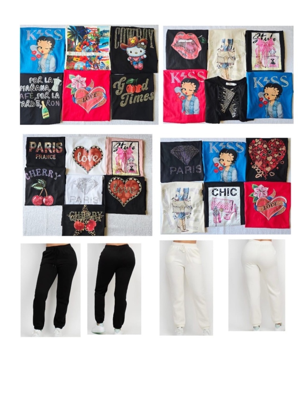 Lot of 12 pieces (6 T-shirts 100% cotton with rinhestones and 6 joggers fleece)